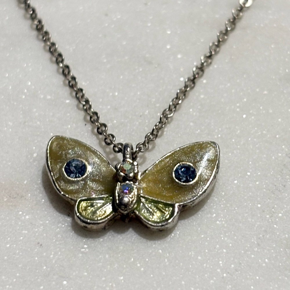 Rhinestone Green Enamel Butterfly Vintage Inspired Silver Tone Necklace